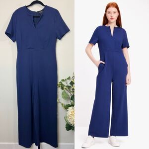 Kate Spade New York Blue Ponte Split-Neck Jumpsuit | Medium